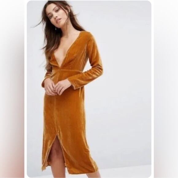 For Love & Lemons Collette Velvet Midi Dress Copper Gold Medium Glam - Picture 1 of 9